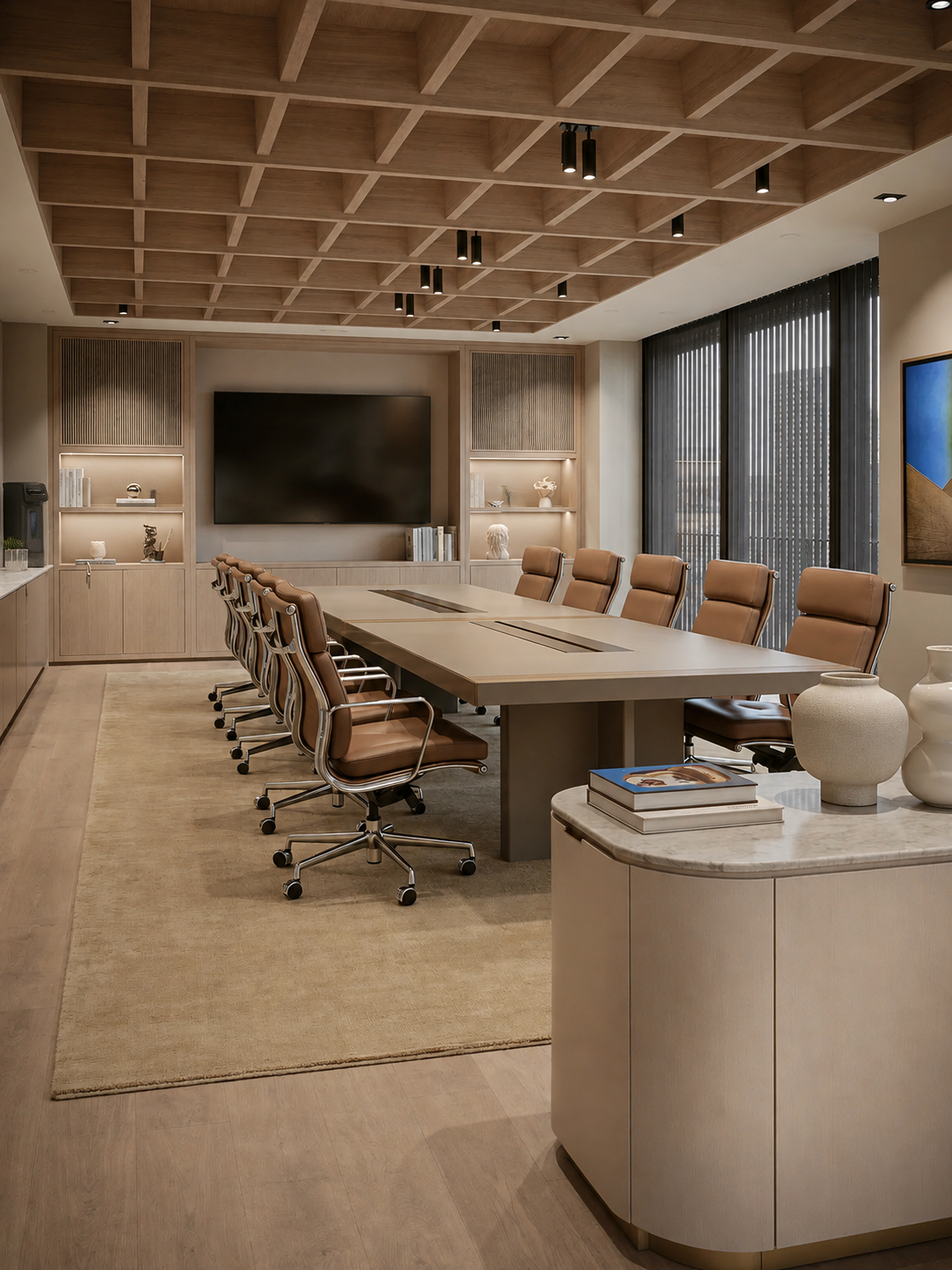 Sala de reunião com bancada de água integrada ao ambiente corporativo