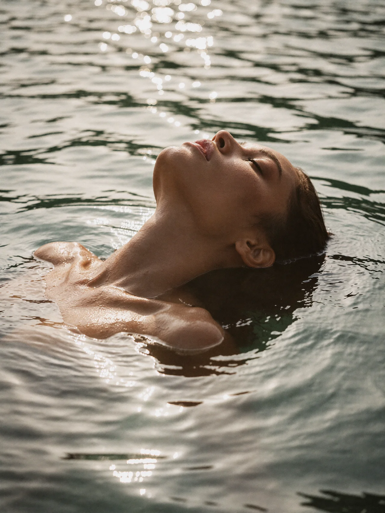 Modelo flutuando na água sob reflexos de sol