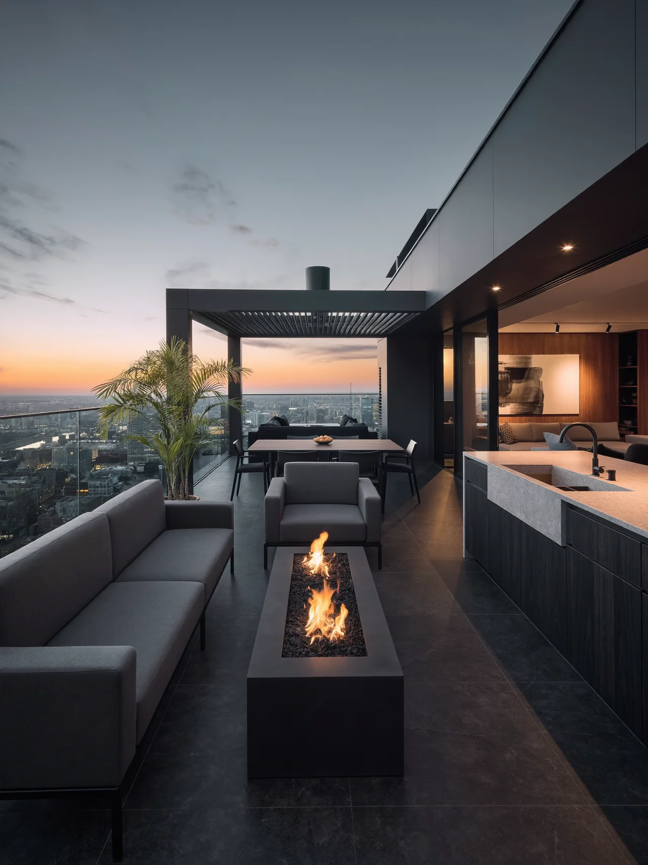Terraço residencial com cozinha e área de convivência ao entardecer
