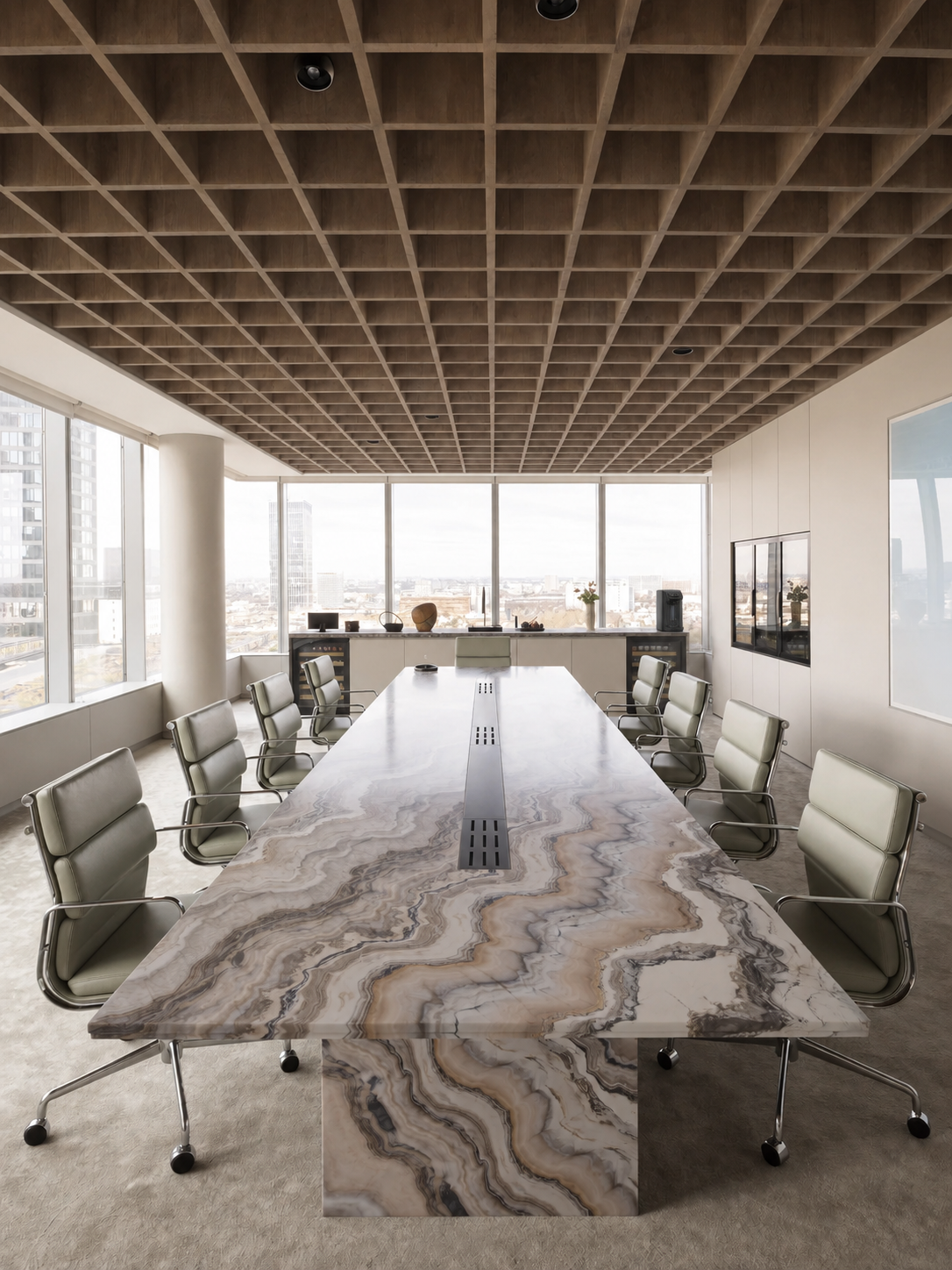 Sala de reuniões com mesa de pedra e ponto de água ao fundo
