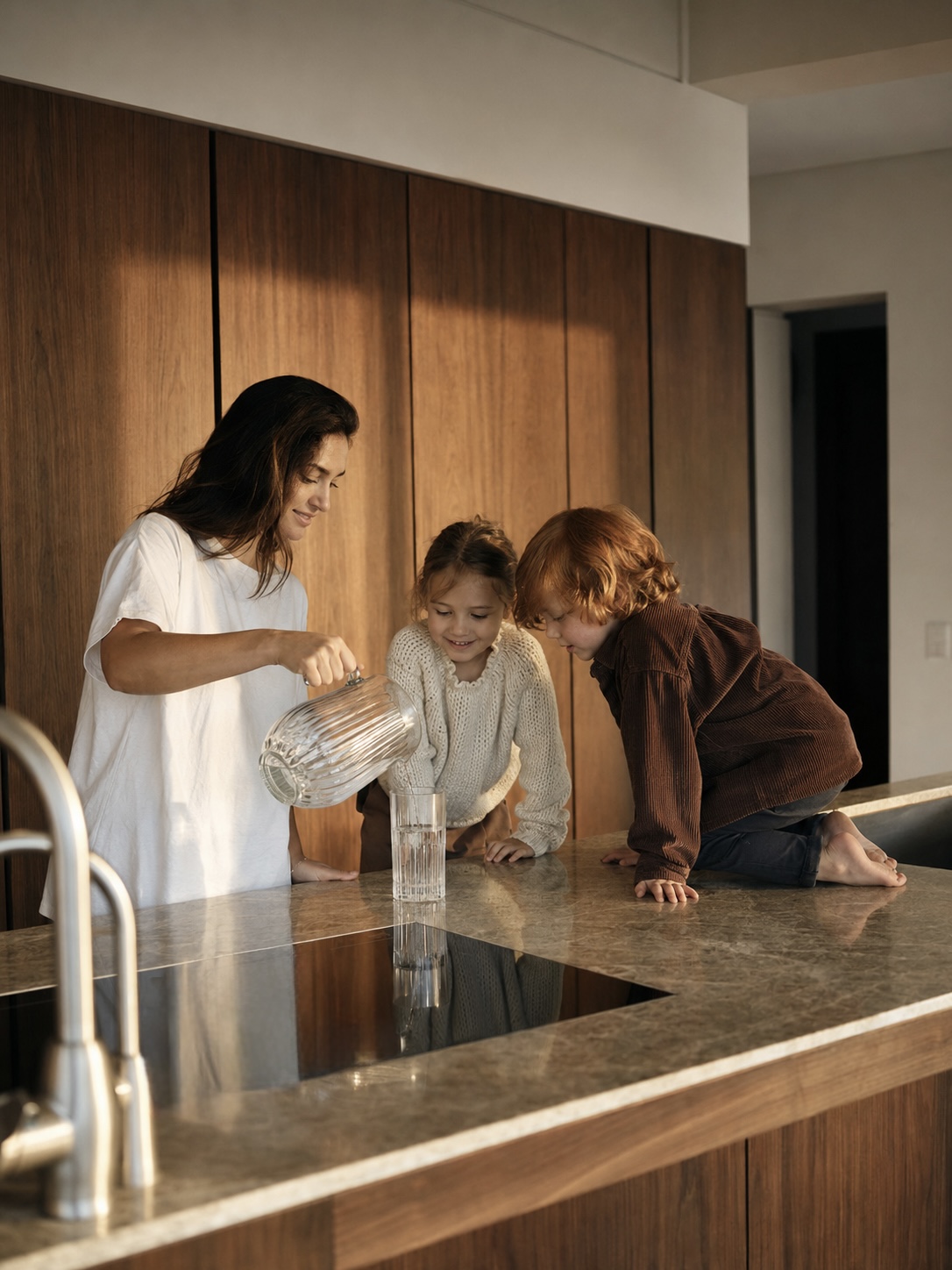 Família reunida na cozinha servindo água junto à bancada