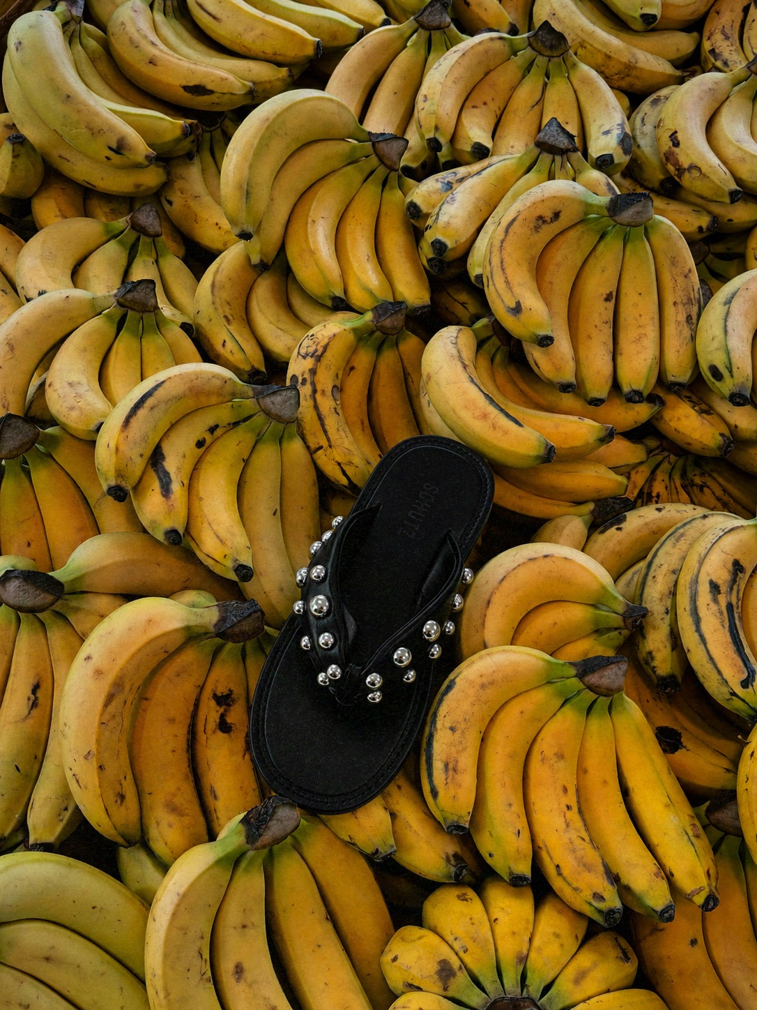Sandália preta SCHUTZ com aplicações metálicas em cenário de bananas
