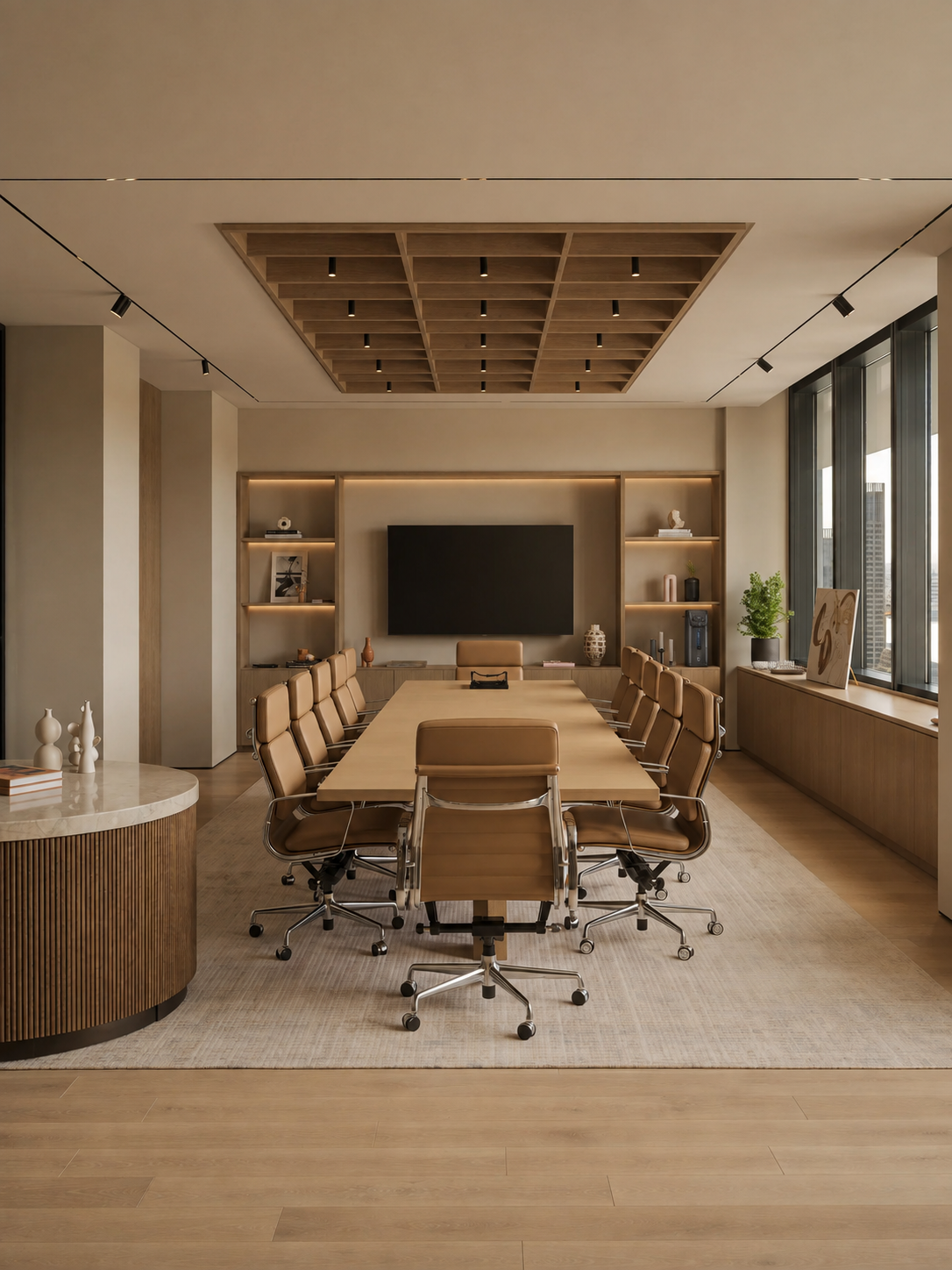 Sala de reunião com mesa central e ponto de água ao fundo