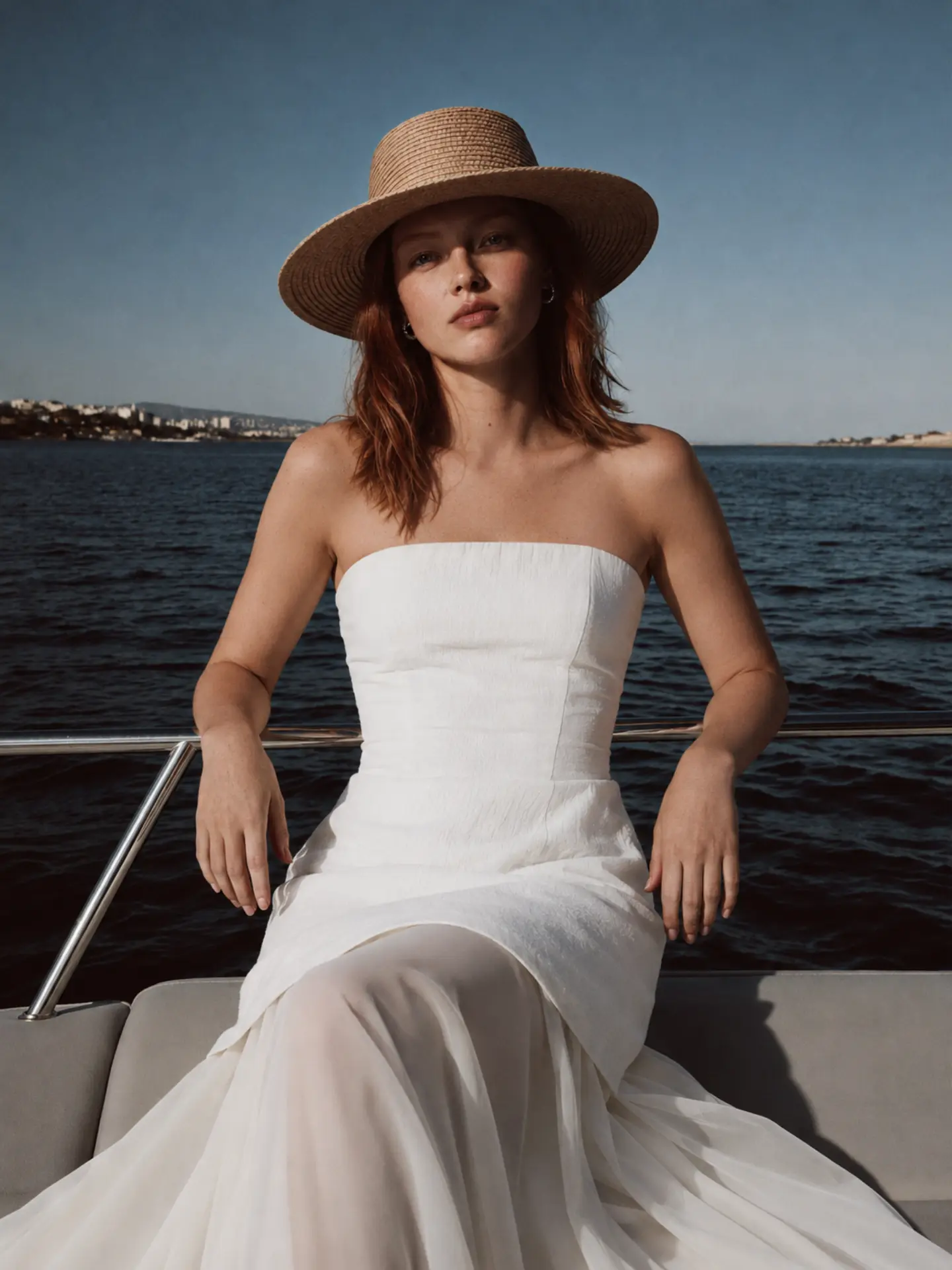 Modelo de vestido branco e chapéu sentada a bordo de um barco